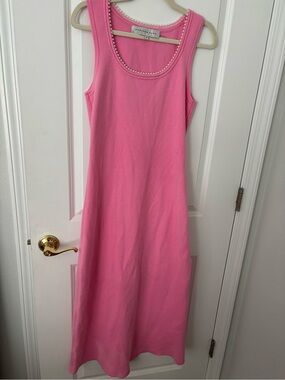 Endless Rose pink knit maxi dress faux pearl-embellished scoop neckline M